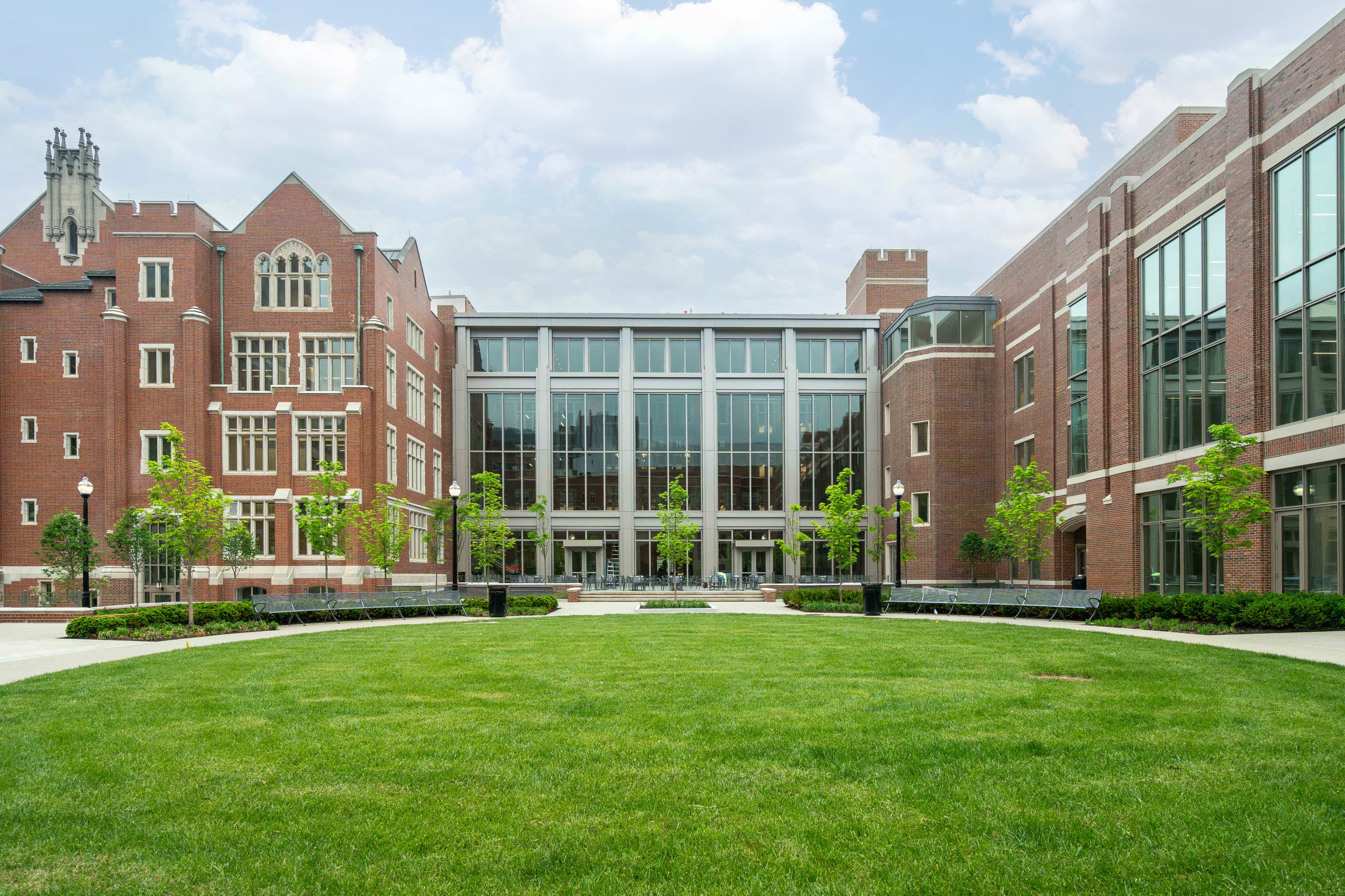 An exterior view of Hamilton Hall from the outside of the forum area.