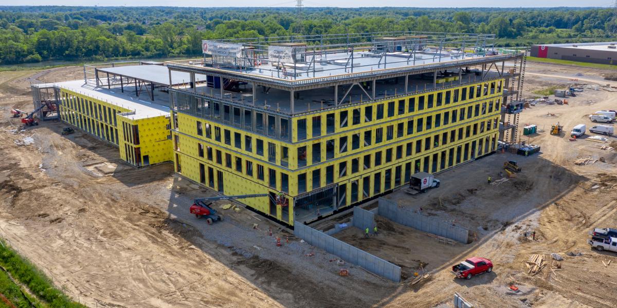 An aerial shot of the exterior of the building