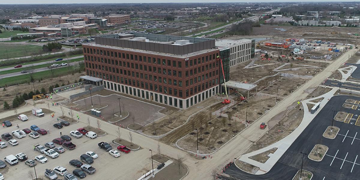 An aerial view of the building