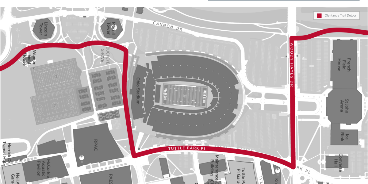 Olentangy Trail - Event-Related Adjustment map showing trail detour around Ohio Stadium