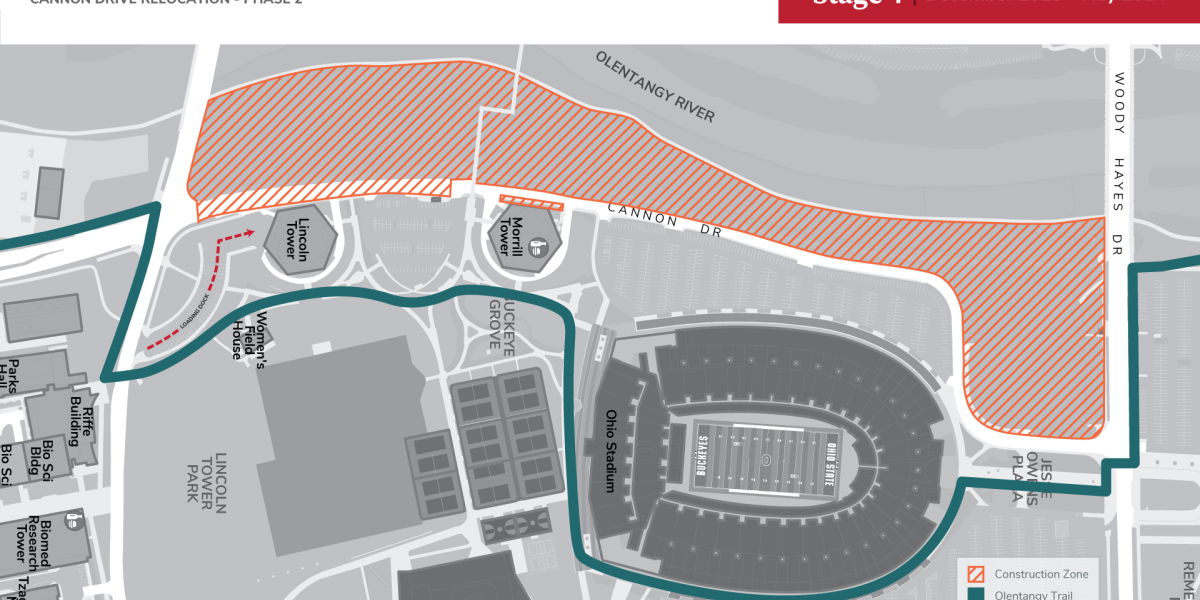 map showing Olentangy Trail rerouted east of stadium