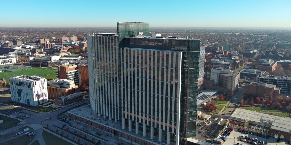 A view of the exterior of the inpatient tower from a drone. 