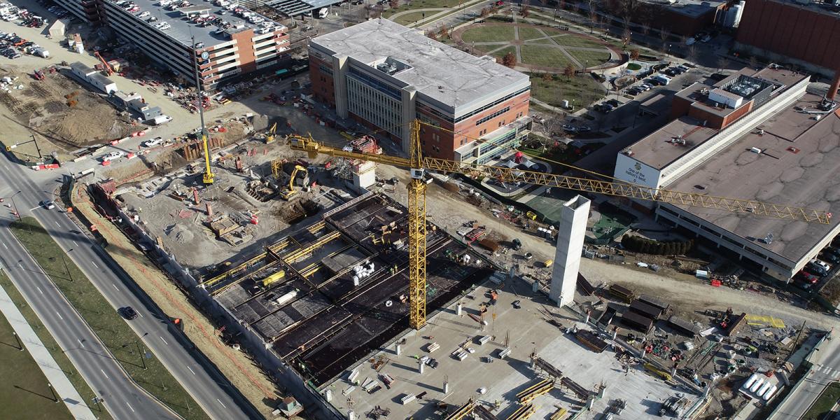 A drone image of the Inpatient Hospital Garage construction site. 