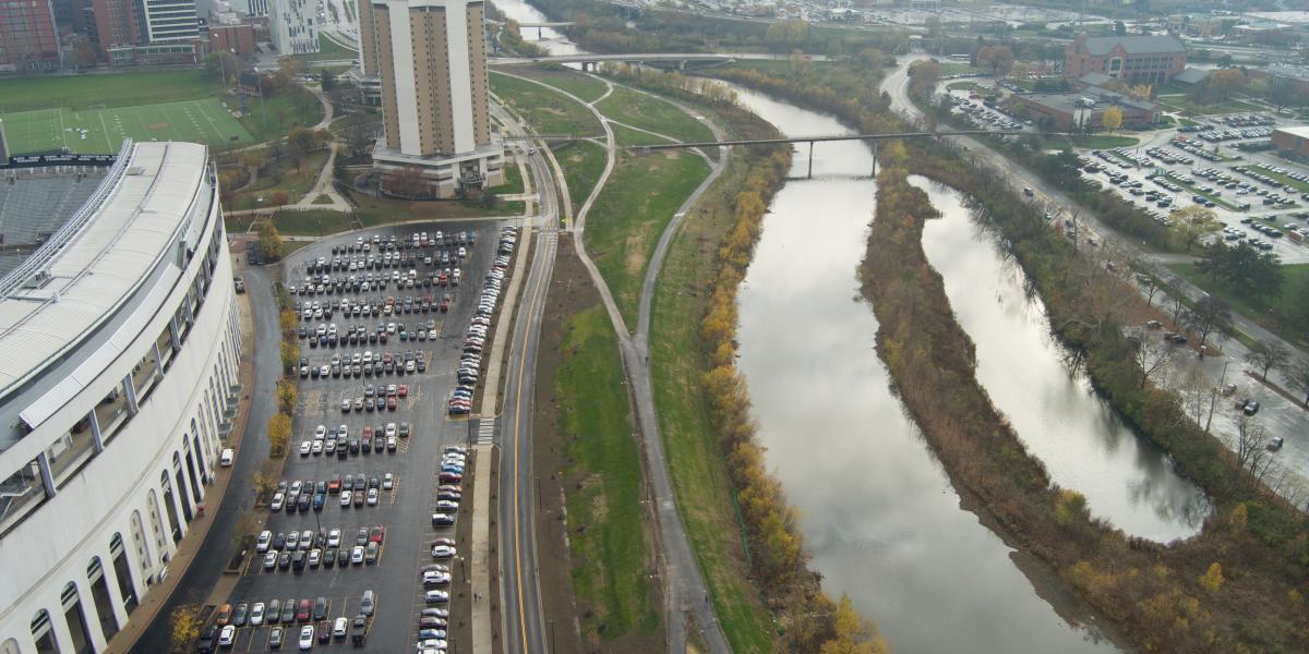 A bird's eye view of Cannon Drive. Ohio Stadium is on the left side and the river can be seen on the right.