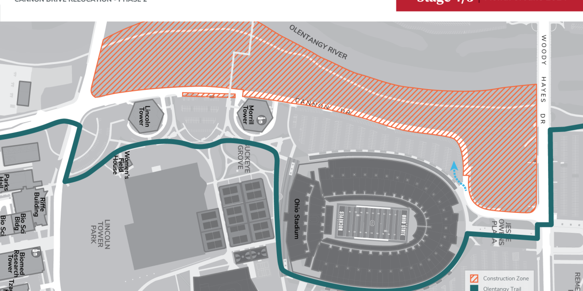 Campus map illustrating construction impact zones for Cannon Dr Phase 2 - Stage 4/5