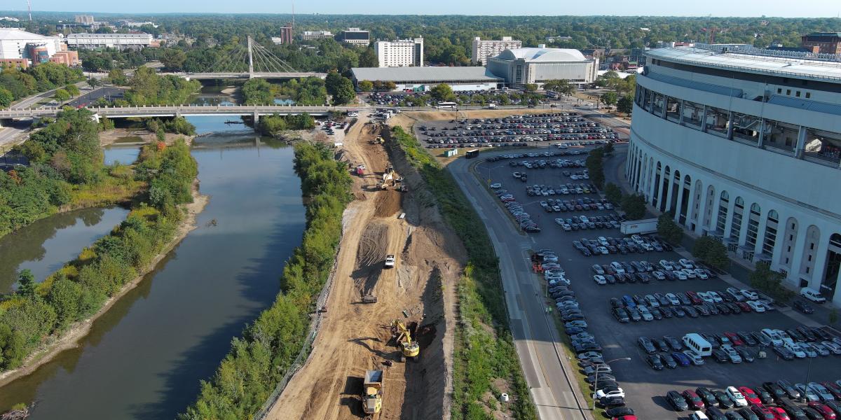 A view of the Cannon Drive project with the river seen on the left and Ohio Stadium seen on the right.