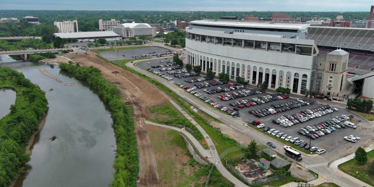 A view of the Cannon Drive project with Ohio Stadium seen on the right and the river on the left. The photo is from June 2023.