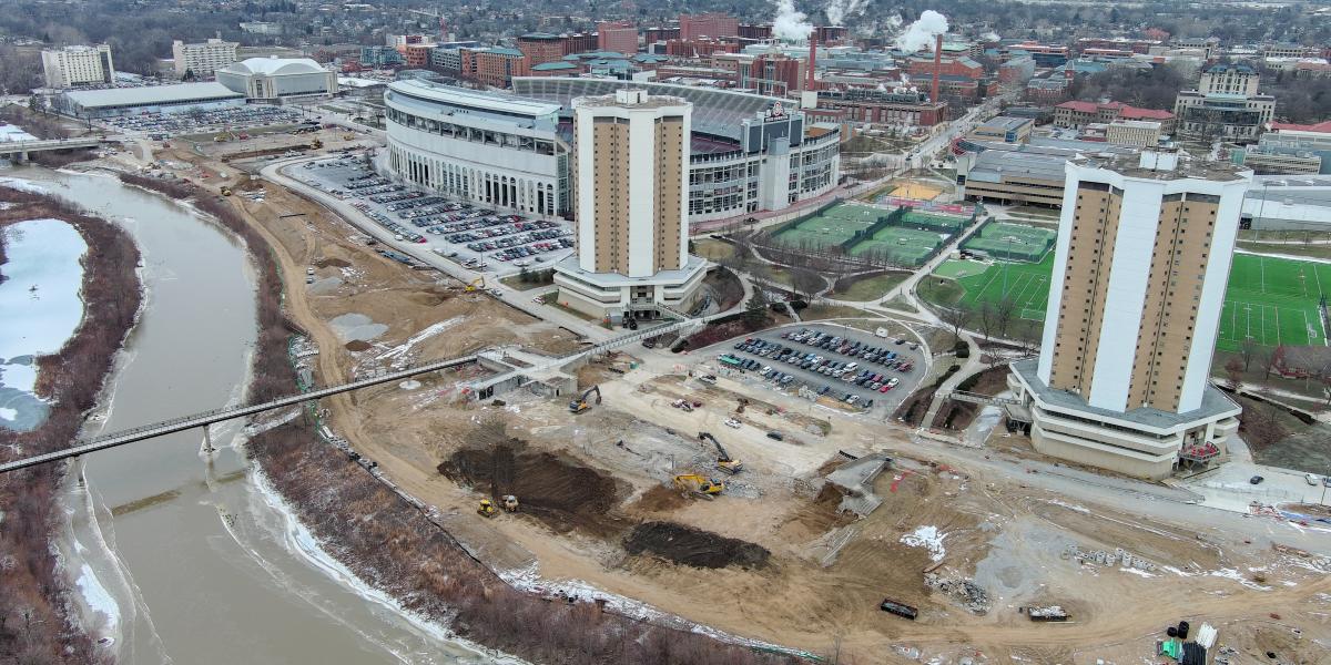 A wide view of the site where the Lincoln and Morrill Towers and Ohio Stadium.