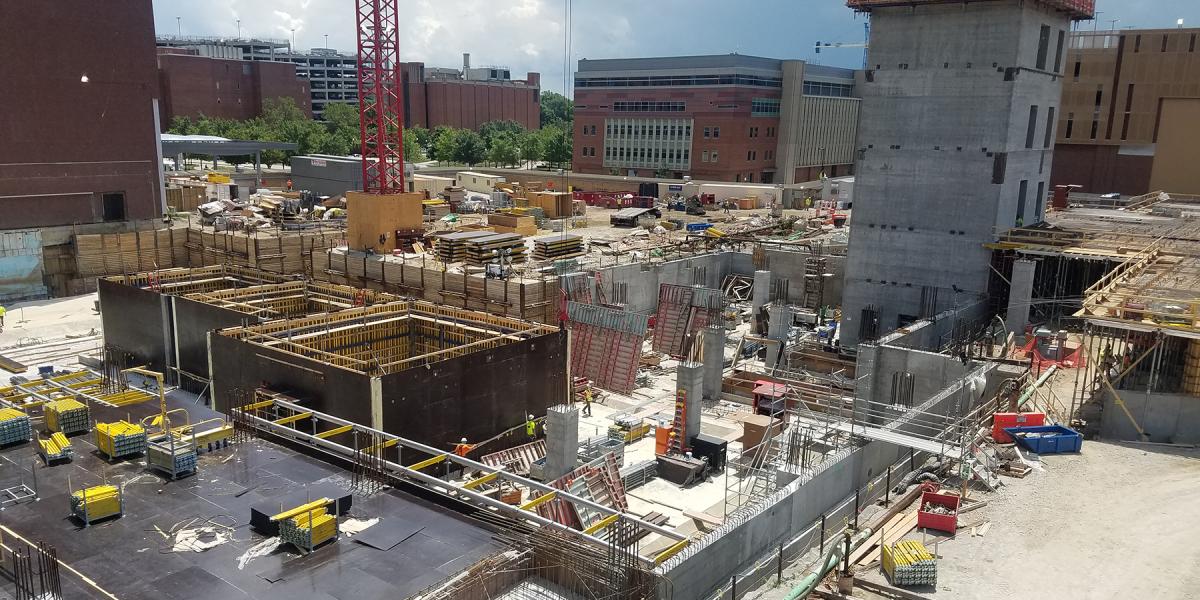Photo of middle elevator and stair tower progress of the Inpatient Hospital.