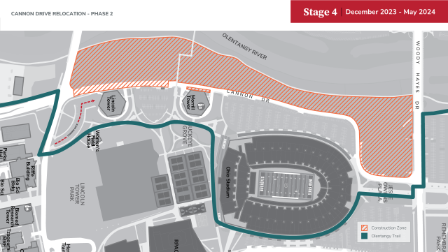 map showing Olentangy Trail rerouted east of stadium