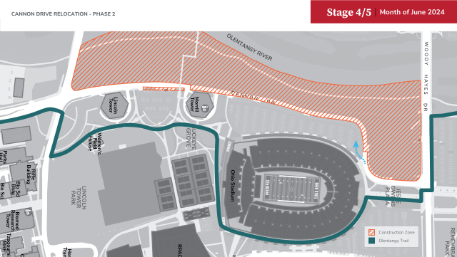 Campus map illustrating construction impact zones for Cannon Dr Phase 2 - Stage 4/5