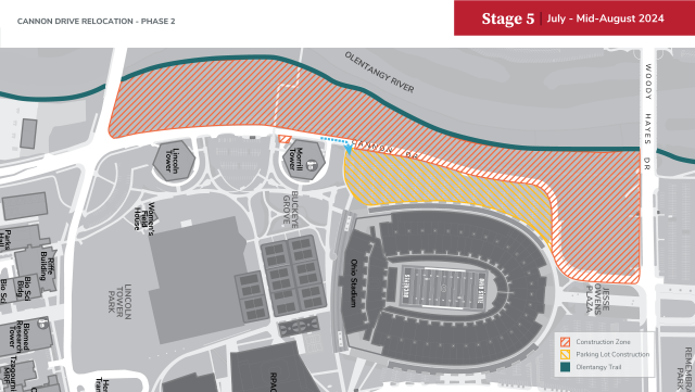 Campus map illustrating construction impact zones during stage 5 of Cannon Dr Relocation Phase 2.