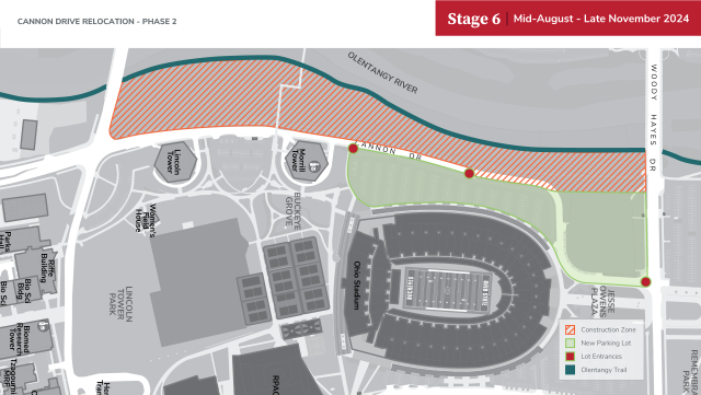 Campus map showing construction impact zones for stage 6 of Cannon Drive Relocation - Phase 2